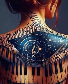 a woman's back with music notes and piano keys on it