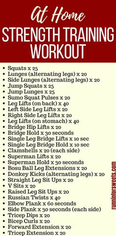 the strength training workout list is shown in red and white, with instructions for how to do