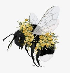 a bee with yellow flowers on its back