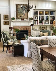 a living room filled with furniture and a fire place in the middle of a room