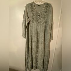 Sage Green Acid Washed Lots Of Detailing On The Dress Never Worn Size L/ Xl 100% Rayon Made By L.S.I. Casual Long Sleeve Maxi Dress With Lace Trim, Floral Maternity Dresses, Floral Wrap Maxi Dress, Gingham Jacket, Maxi Bridesmaid Dresses, Red Handbag, Maxi Slip Dress, Denim Maxi Skirt, Boho Maxi