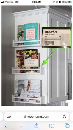 there is a shelf with magazines on it in the kitchen, and an arrow pointing to bekvam