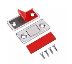 two red and silver metal brackets with screws