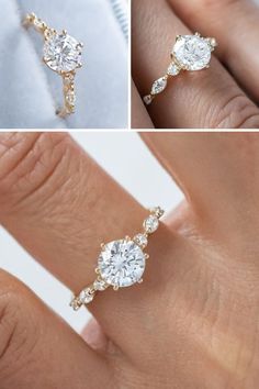 three different views of an engagement ring with diamonds on the side and in between them