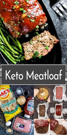 keto meatloaf with green beans, asparagus and other foods on the side