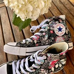 These custom Converse have been printed to look embroidered. These shoes are NOT embroidered. We buy each pair of shoes BRAND NEW directly from Converse. The ink is permanent and will never come off. Made in the USA. This price includes everything: shoes and artwork. Sizes listed are in US sizing scale. If you have any issues with your order, please feel free to reach out to us and we will be more than glad to help you! Prices shown at check out for shipping rates are directly from USPS and DHL. These prices do not include possible duties, customs, international fees, and additional taxes. See our FAQ page for more information on international shipping. Note: Blvd Custom is in no way affiliated with any of the shoe brands or companies that are featured on our website. Each pair of shoes is Casual Converse High-top Sneakers With Embroidered Logo, Converse High-top Lace-up Sneakers With Embroidered Logo, Embroidered Converse High Tops Black, Jacquard Converse, Converse High-top Textile Sneakers, Nike Converse, High Top Chucks, Chuck Taylor Shoes, Black High Top Converse