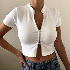 Top With Zipper, Zipper Shorts, White Crop, White Crop Top, Summer 2024, Color White, Crop Top, Short Sleeves, Womens Tops