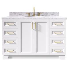 a white bathroom vanity with gold handles and drawers