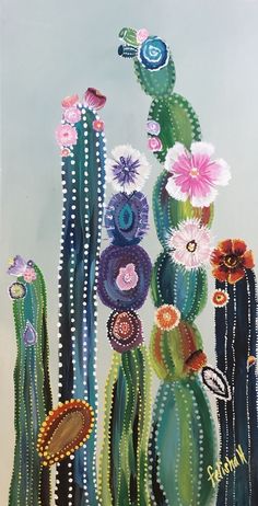 a painting of cactuses and flowers on a white background