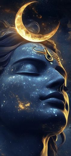 a woman's face with the moon and stars above her head, as if it were floating in space