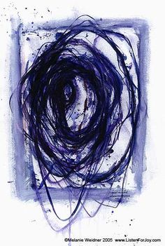 an abstract painting in blue and white with black ink on the bottom half of it