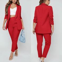 Look Stylish And Professional In This Chic Womens Pants Suit! Crafted With A Beautiful Red Hue, This Ensemble Features An Open Front And Brings Sophistication To Any Outfit. With A Versatile Look That Is Perfect For Both Casual And Formal Occasions, You Will Love Styling The Pieces Of This Pant Suit Together Or Separately. The Bright Red Color Exudes Subtle Sophistication For A Timeless Look That Can Never Go Wrong. Elevate Your Wardrobe With This Timeless Addition. - Red -Open Front -Womens Pan Red Workwear Sets For Fall, Tailored Red Sets For Business Casual, Tailored Red Pantsuit For Business Casual, Red Tailored Business Casual Pantsuit, Red Tailored Pantsuit For Business Casual, Elegant Red Pantsuit For Office Wear, Elegant Red Business Casual Sets, Red Stretch Pants For Office, Red Office Sets For Spring