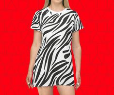 T-shirt dresses for women teenage girls, t shirt dress pattern casual cute, t shirt dress sewing pattern women's party festivities summer, t shirt dress with print summer beach spring teenage girl, t shirt dress women fun casual spring summer beach party, T-shirt dress casual outfit for women and girls. Black and white zebra animal print t-shirt dress, black and white zebra mini dress, festival, summer, party, animal print top rave dress. T-Shirt Dress (AOP) 🔥About us This all-over print t-shirt dress is tag-free, custom cut and sewn to match every style. The fun prints will make this t-shirt dress a great piece. .: 100% polyester .: White thread color .: Lightweight fabric (6.0 oz/yd² (170 g/m .: Without label .: Runs true to size. .: Assembled in the USA from parts sourced around the wo White T-shirt Dress For Summer, Short Sleeve Graphic Print Dress For Party, Short Sleeve Graphic Print Party Dress, Casual Fashion Print Summer Dresses, Casual Summer Dresses With Fashion Print, Black Zebra Print Mini Dress, Trendy Zebra Print Summer Top, Tiger Print Short Sleeve T-shirt For Summer, Short Sleeve Tiger Print T-shirt For Summer