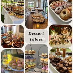 a collage of dessert tables with different types of pastries and cakes on them