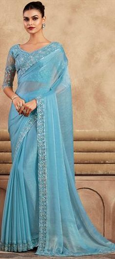 Blue color Saree in Chiffon fabric with Embroidered, Sequence, Thread work Blue Embroidered Georgette Blouse Piece, Blue Georgette Blouse Piece With Resham Embroidery, Blue Chiffon Dupatta With Resham Embroidery, Festive Blue Chiffon Dupatta, Blue Georgette Saree With Intricate Embroidery, Blue Georgette Saree For Wedding, Wedding Blouse Piece With Cutdana In Light Blue, Wedding Light Blue Blouse Piece With Cutdana, Wedding Light Blue Cutdana Blouse Piece