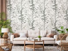 a living room filled with furniture next to a wall covered in plants and greenery