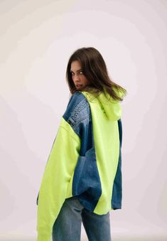 Neon green hoodie made from jeans pants Neon Green Hoodie, Bleached Denim Jacket, Denim Hoodie, Painted Denim Jacket, Vintage Jean Jacket, Blanket Coat, Bleached Denim, Green Fits, Painted Denim