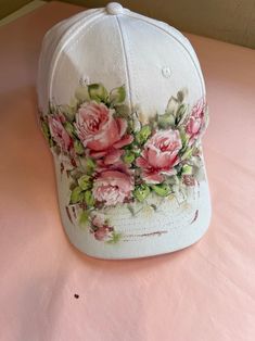 Hand Painted Base Ball Cap - Etsy Painted Caps, Hand Painted Caps, Painted Baseball Cap, Hand Painted Ball Caps, Adjustable Pink Hand Painted Hat, Casual Hand Painted Hat, Beads Clothes, Sewing Hats, Painted Hats