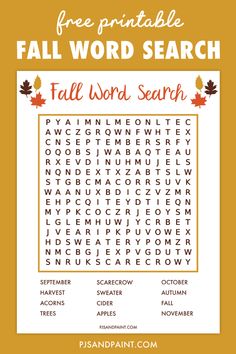 the fall word search is shown in this free printable