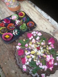 two trays filled with flowers sitting on top of a wooden table next to potted plants