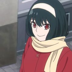 a woman with black hair and red eyes wearing a scarf