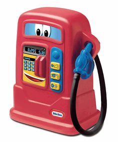 a red toy gas pump with a face on it