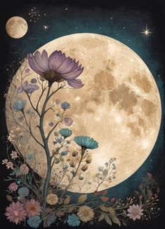 the full moon with flowers in front of it