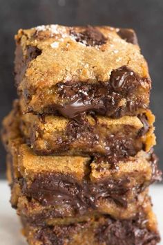 chocolate chip cookie bars stacked on top of each other