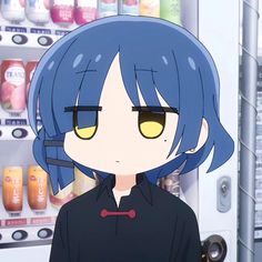 an anime character with blue hair and yellow eyes standing in front of a vending machine