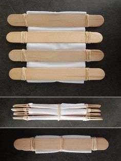 four different types of wooden utensils with white napkins on top and bottom