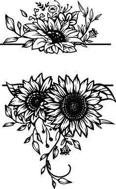 two black and white sunflowers with leaves on the stems, one is drawn by hand