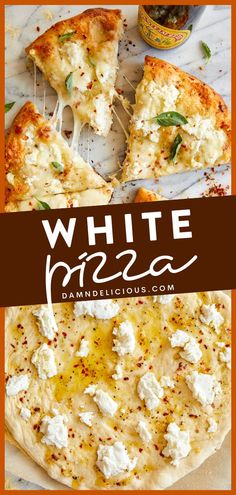 Here's a family dinner idea you'll be craving again and again! Not only is this white pizza recipe made with 3 different cheeses, but it also has garlicky-olive oil goodness plus a hint of heat. Look forward to trying this main dish! No Tomato Sauce, Pizza Night At Home, Different Types Of Cheese, Different Cheeses, Best Homemade Pizza, White Pizza, Crowd Pleasing Appetizers