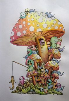 an image of a mushroom with many small creatures around it and one person holding a fishing rod