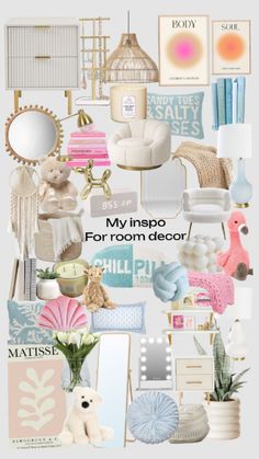 a collage of various items in pastel colors with the words, my impo for room decor