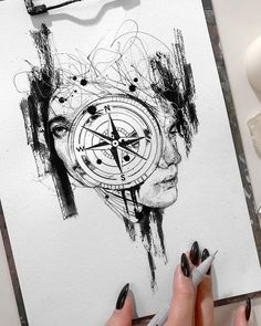 a drawing of a woman's face with a compass on it