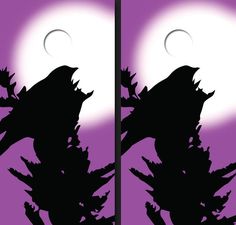 two black birds sitting on top of trees in front of a purple and white background