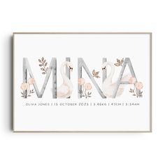 a white framed print with the word mia in floral font and two swans on it