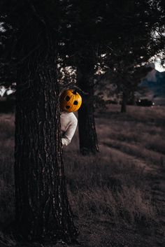 a person wearing a yellow helmet standing next to a tree