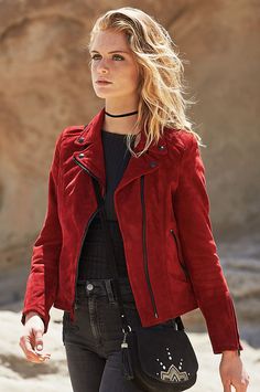 click to expand Affordable Red Denim Jacket With Pockets, Suede Moto Jacket Bootcut Jeans, Moto Jacket Cowboy Boots, Moto Jacket Bootcut Jeans, Maroon Motorcycle Jacket, Blank Nyc Pink Suede Moto Jacket, Red Leather Jacket Outfit, Red Jacket Outfit, Womens Leather Jacket Outfit