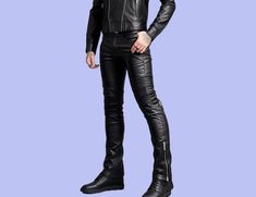 "📌 ITEM DETAILS: Discover our stylish skinny  leather pants! Combining edgy charm with everyday comfort,this custom leather pant are a must for your wardrobe. This real leather pant increase the elegance with slimfit look and two  pockets, Leather pants men looks stunning, Whether you're going casual or aiming for a bold look, these motorbike pant work for every occasion. Made from real leather, they're durable and age beautifully ⚡ Features: 🔸Zipper Fly 🔸Fully Lined 🔸Two Front pockets and 2 back pockets ✂ SIZE: In order to provide you a perfect fit please provide us your following measurements in \"CUSTOM ORDER NOTES/ PERSONALIZATION\" so this product can be a perfect fit for you. 🛠 Measurements Required: ➡ Waist ➡Inseam ➡Thigh ➡Knee ➡Calf ➡Hip QUALITY: 100% Genuine Quality 📏 CUSTOM