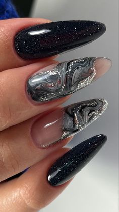 Black And Silver Marble Nails, Black And Grey Nails Designs, Black Almond Nail Ideas, Black Aura Nails, Iris Nails, Trends Nails, Grey Nail Designs, Marble Nail Designs, Goth Nails