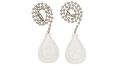 two white plastic bottle shaped pendants with chain attached to each other on a white background