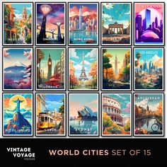 the world cities set of 15 is shown in different colors and sizes, with an image of