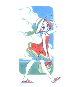 a drawing of a girl in a red dress and hat walking with her hand on her head