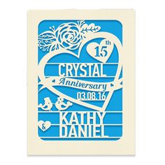 a blue and white paper cutout with the words crystal anniversary written in it's center