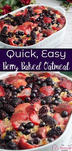 berry baked oatmeal in a white dish with blueberries and strawberries