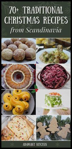 the cover of christmas recipes from scandinaviana, with pictures of cookies and other holiday treats