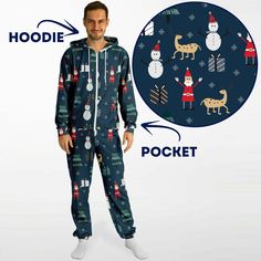 Ditch those basic PJs everyone and their grandma owns. Slide into our ultra-comfy Holiday Jumpsuit Santa & Friends Adult Onesie and make a statement! This cool abstract pattern design features Santa, snowman, deer and other festive illustrations. This ain't your regular onesie: 📏 Exclusive Design: Made-to-order. You won't find this unique onesie in stores or anywhere else online. 🌈 All-Inclusive Fit: Our jumpsuits are gender-neutral, unisex, and crafted for everyone. Celebrating all vibes! 🎅 Casual Christmas Loungewear Onesie, Casual Printed Onesie For Bedtime, Casual Blue Onesie For Lounging, Blue Casual Onesie For Lounging, Casual Blue Printed Onesie, Casual Printed Onesie For Loungewear, Casual Printed Loungewear Onesie, Holiday Jumpsuit, Friends Holiday