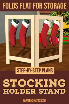 DIY stocking holder stand with four stockings Diy Stocking Holder Stand Ideas, Diy Stocking Stand, Diy Christmas Stocking Hanger, Stocking Stand Diy, Stalking Holders Christmas Diy, Christmas Stocking Hangers Diy, Free Standing Stocking Holder Diy, Stocking Tree Stand, Christmas Stocking Holders Stand