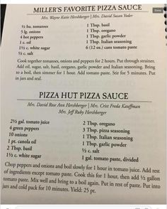 an open book with instructions on how to make pizza sauce for dinner or desserts